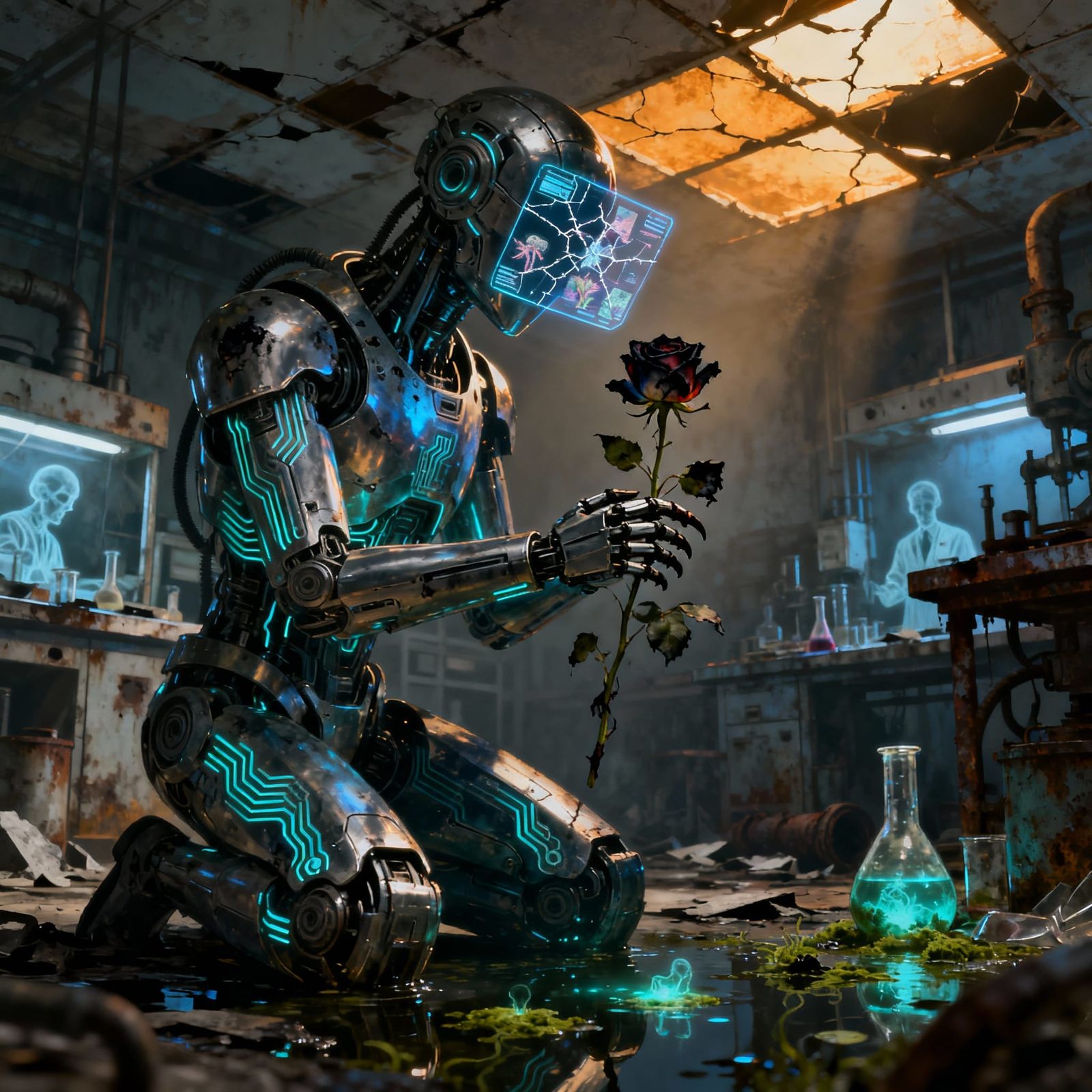 Sentient Robot Contemplates Wilting Rose in Hyperrealistic S...