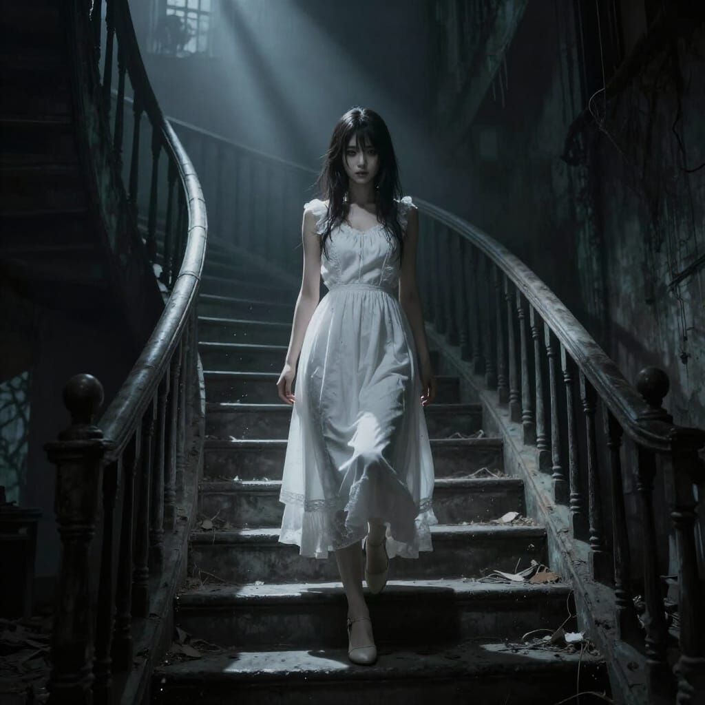 Gloomy Japanese Woman on Twisted Staircase