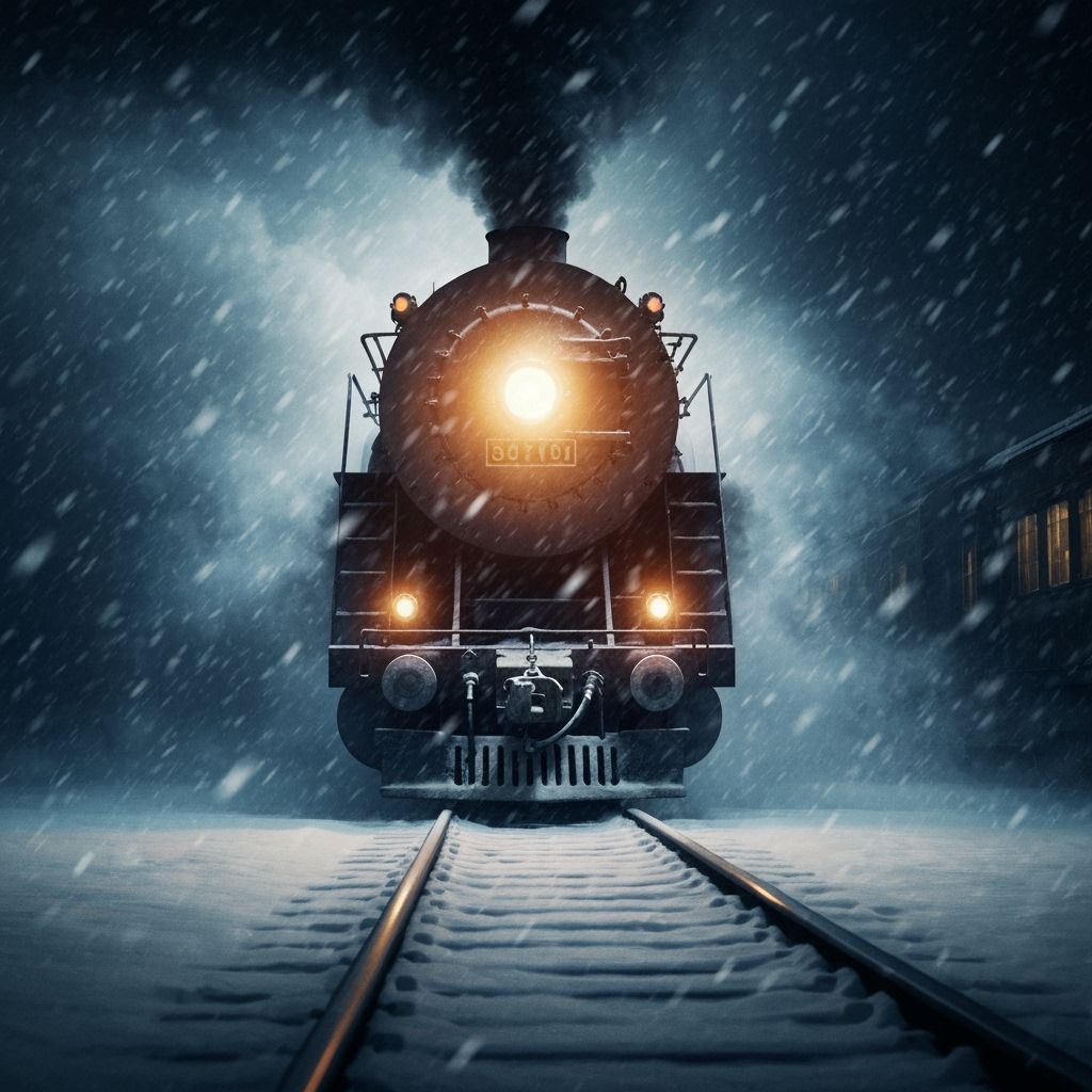 Powerful Steam Train in Fierce Snowstorm at Night