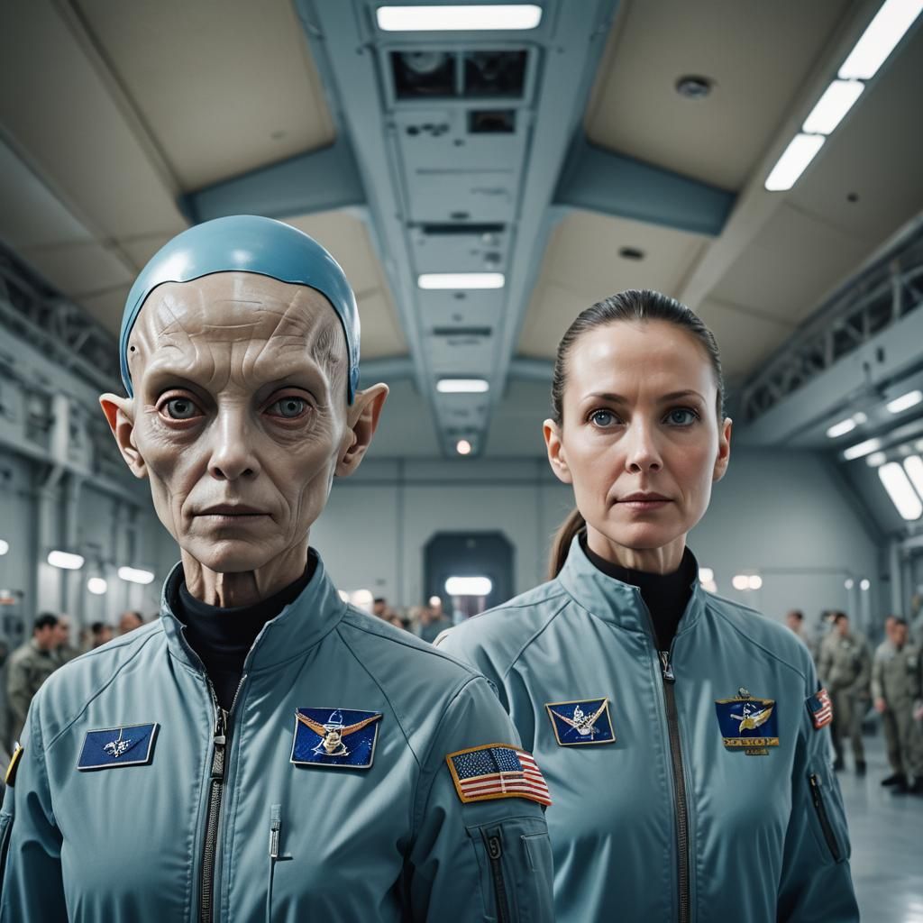 Ethereal Alien Portrait in Hangar, Hyperrealistic Digital Ar...