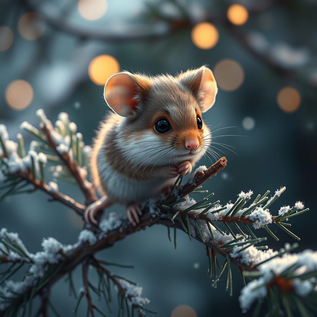 Enchanting Mouse on Snowy Pine in Whimsical Fantasy Landscap...