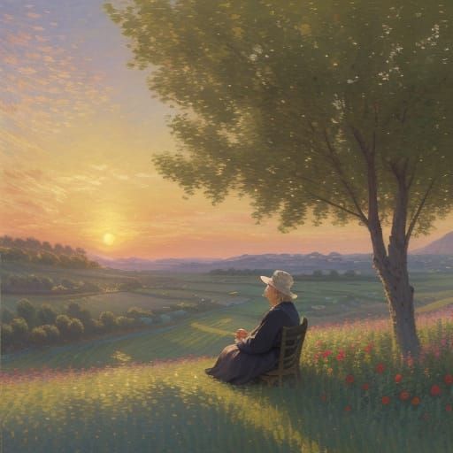 Elderly Woman in Golden Hour Landscape