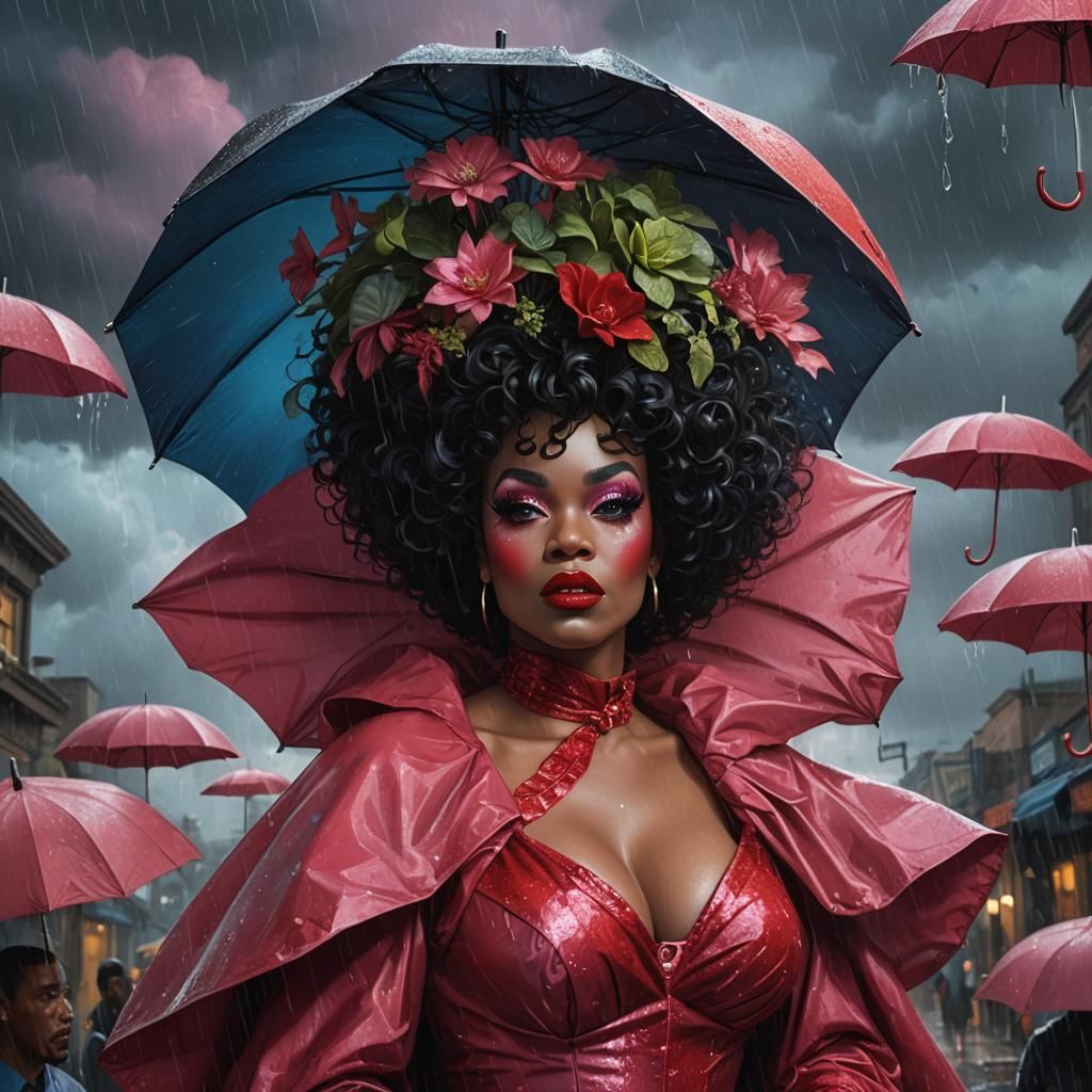 Stunning Black Drag Queen in a Rainy Fantasy Artscape