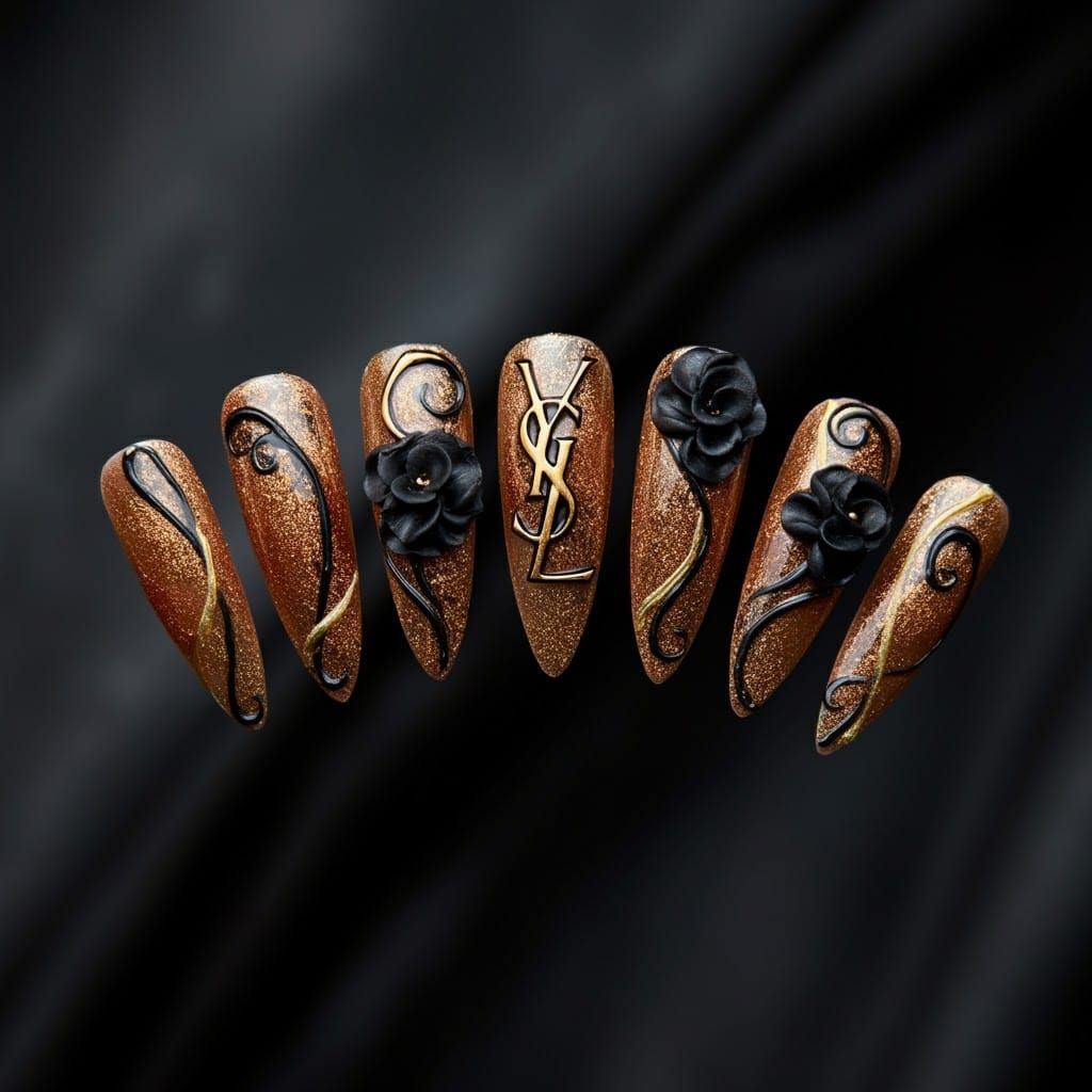 Opulent Nail Art with Gold Glitter and Floral Details