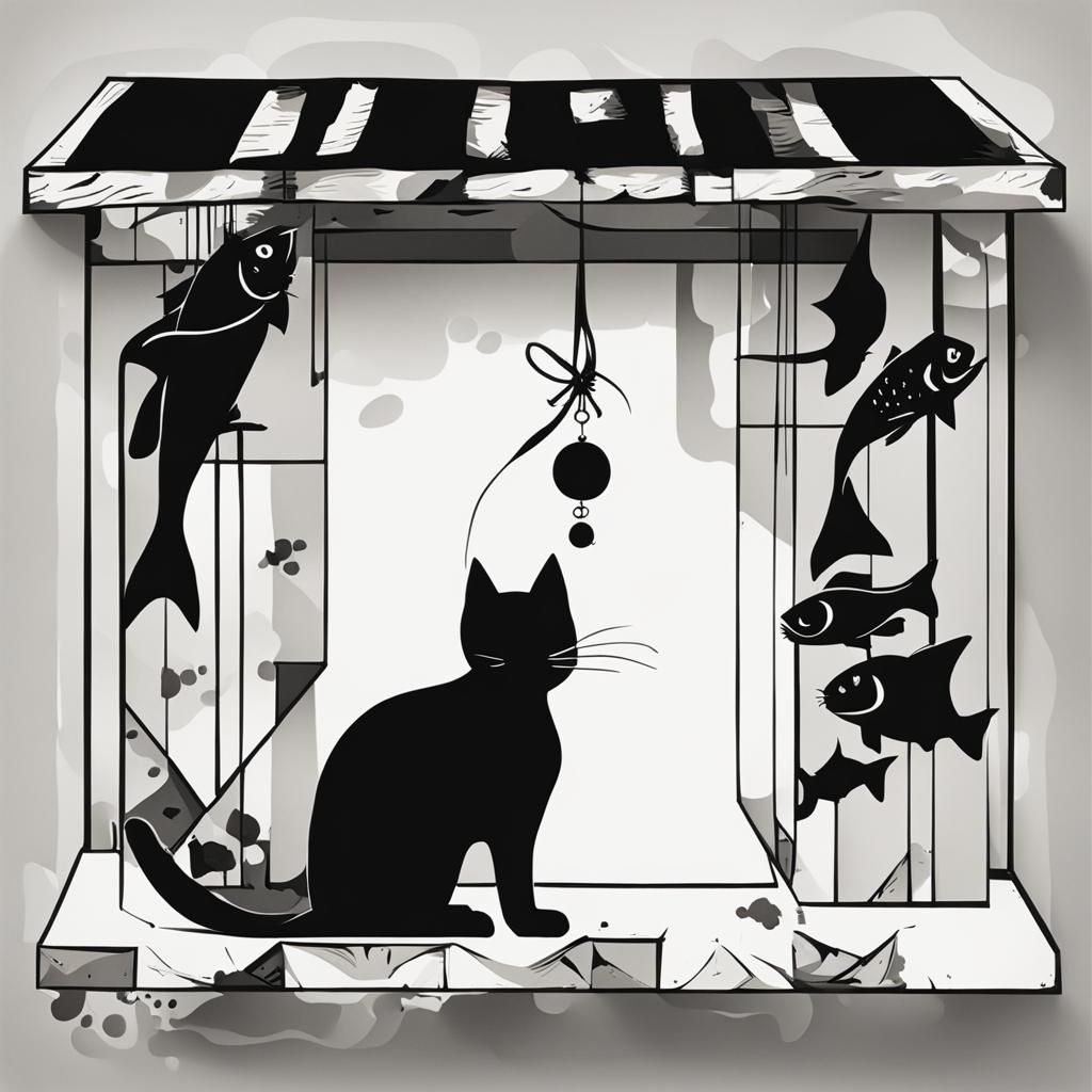 Abstract Black and White Cat Catching Fish