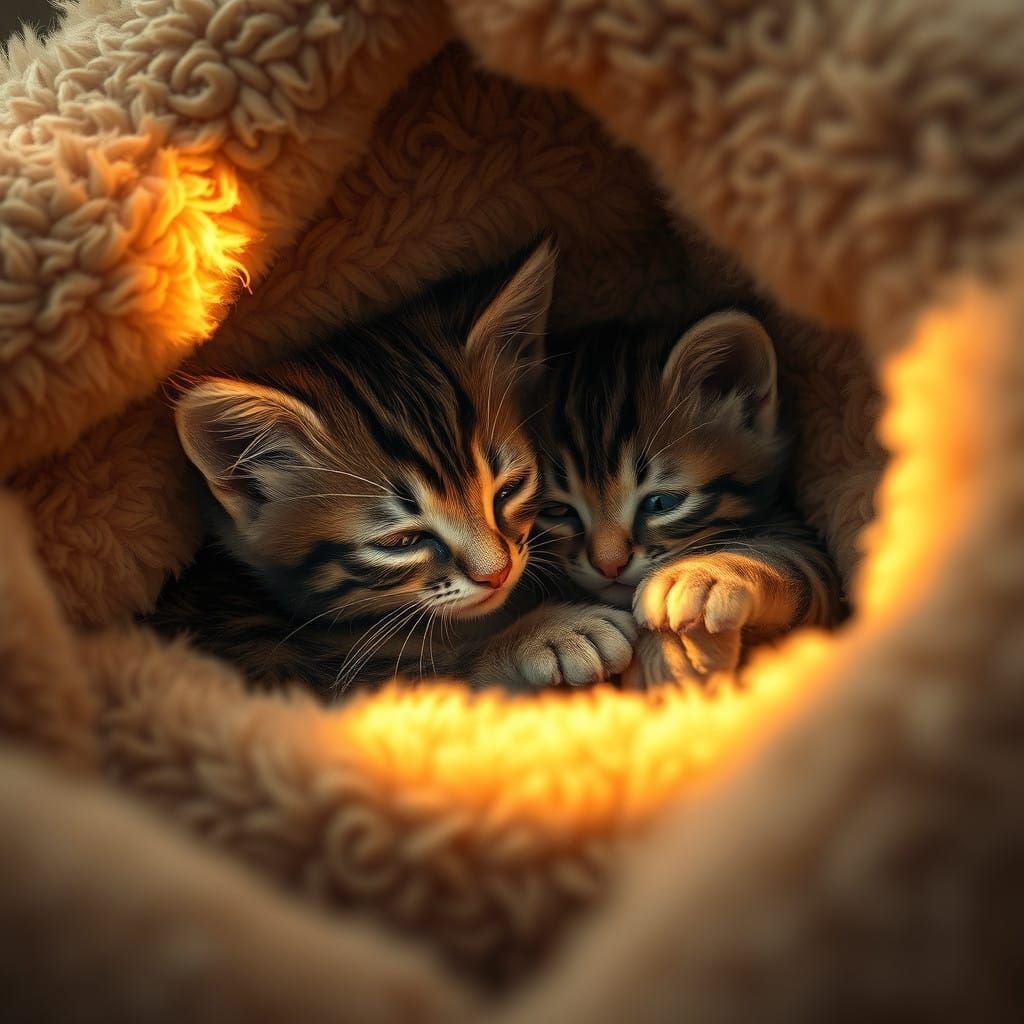 Whimsical Mother Kitten Snuggles Under a Sparkling Blanket