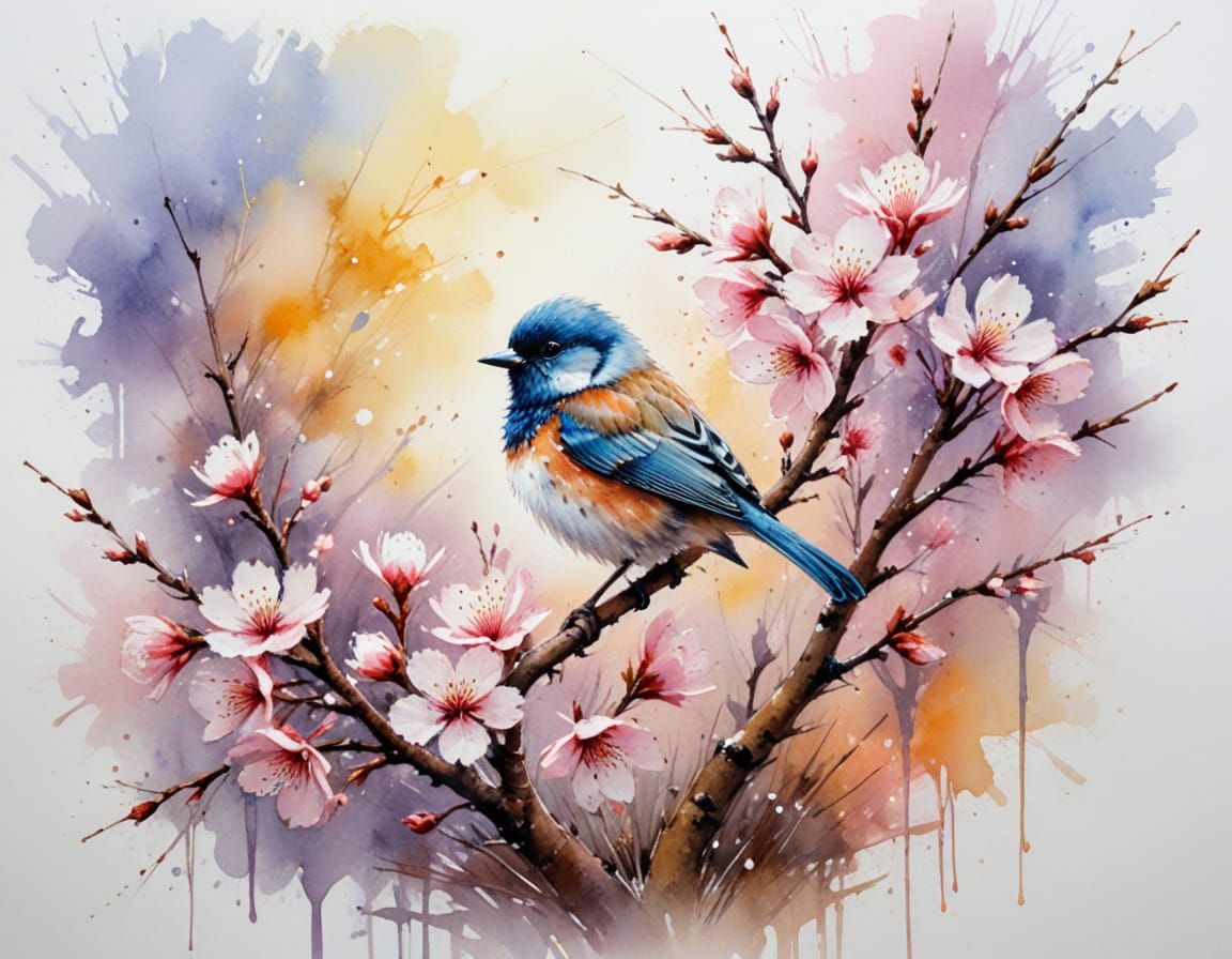 Songbird Singing in Pastel Sky Amidst Cherry Blossoms