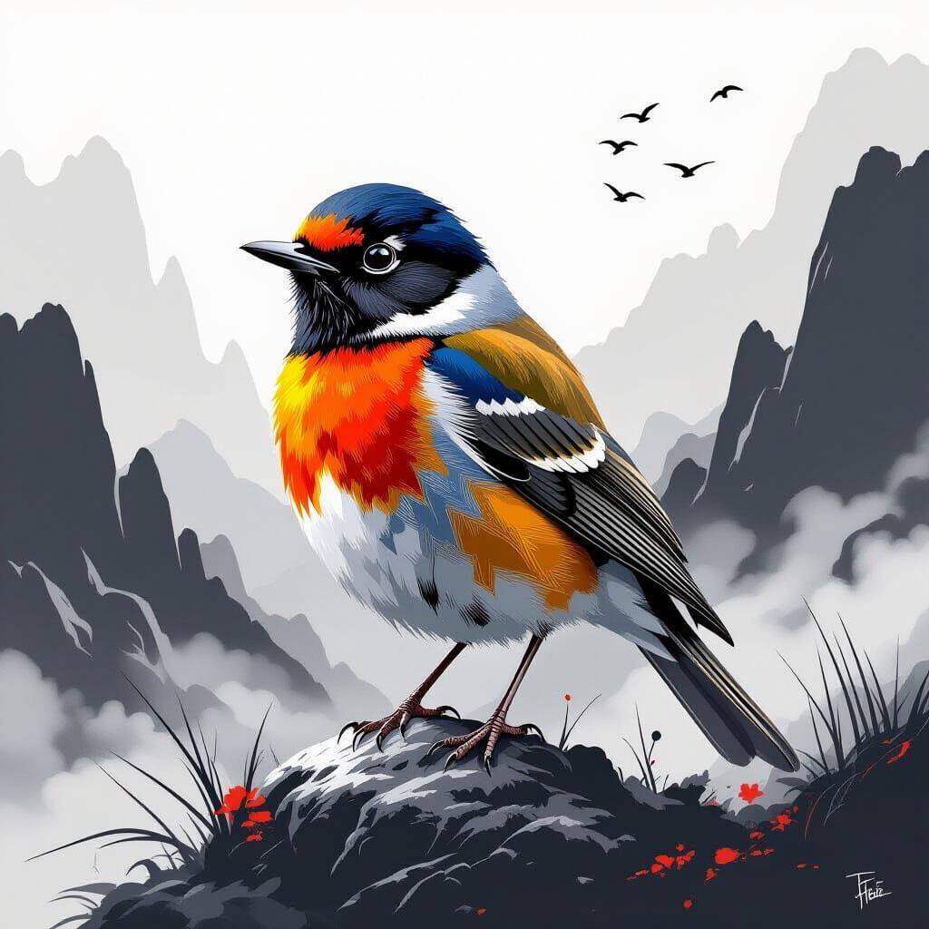 Vibrant Robin Against Black and White Landscape