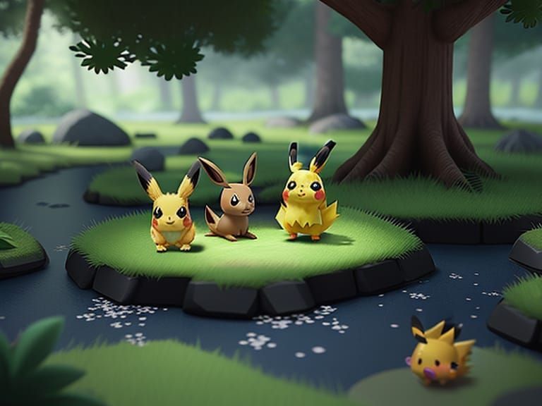 Pikachu and Eevee in Forest Enclave, 3D Render