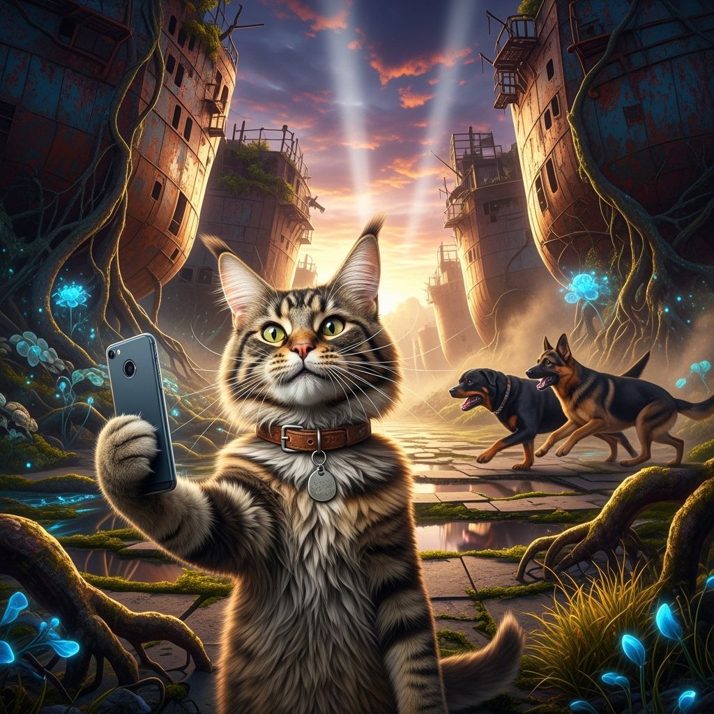 Hyperrealistic Cat Selfie in Surreal Landscape