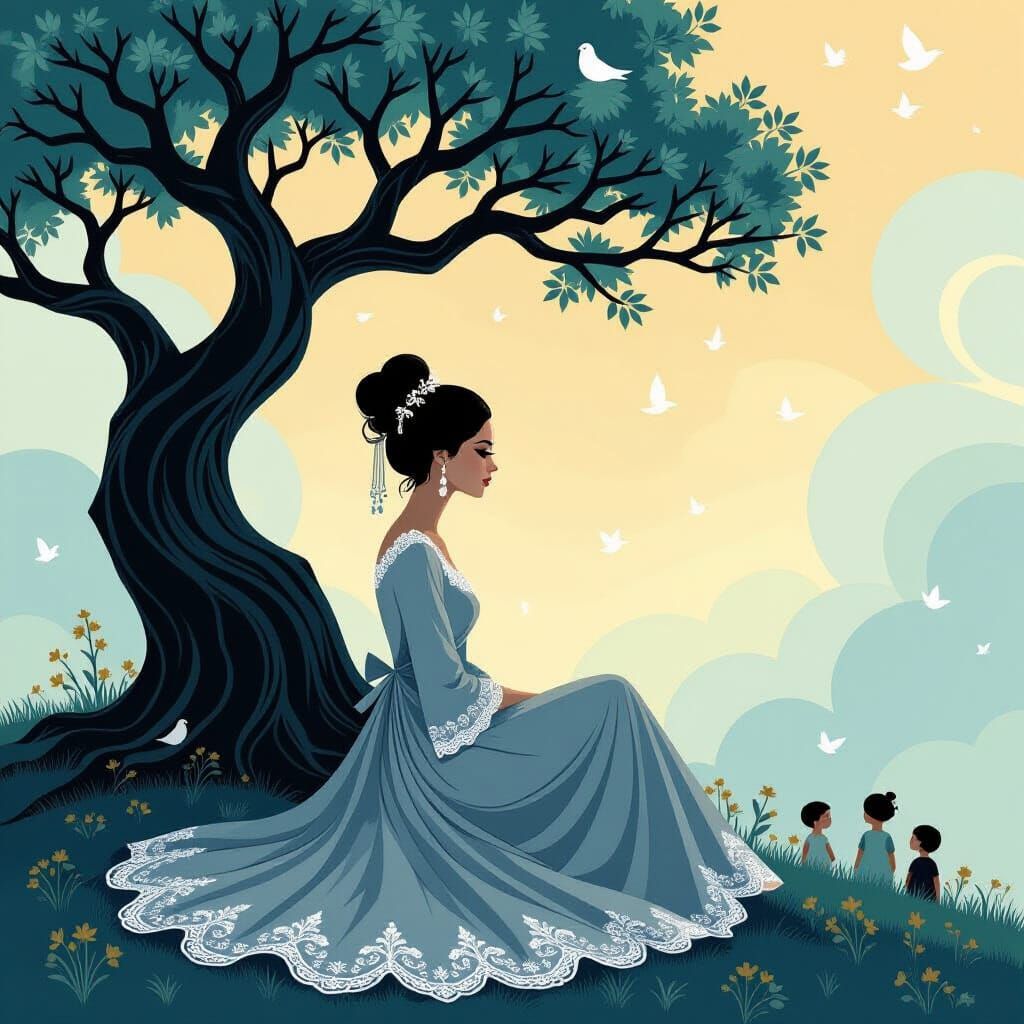 Elegant Woman Under Tree in Dreamlike Landscape