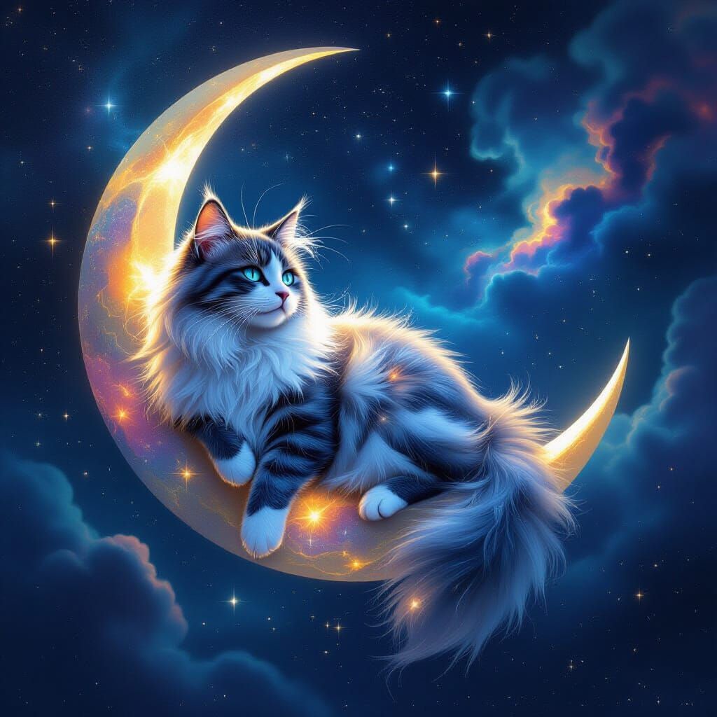 Galactic Cat on Crescent Moon in Cosmic Surrealism Style
