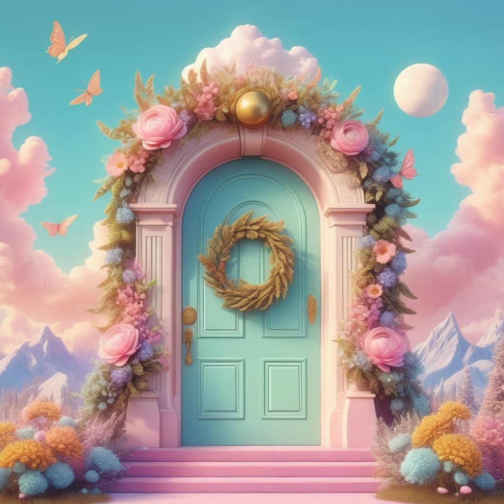 Whimsical Door in a Sunny Fantasy Scene