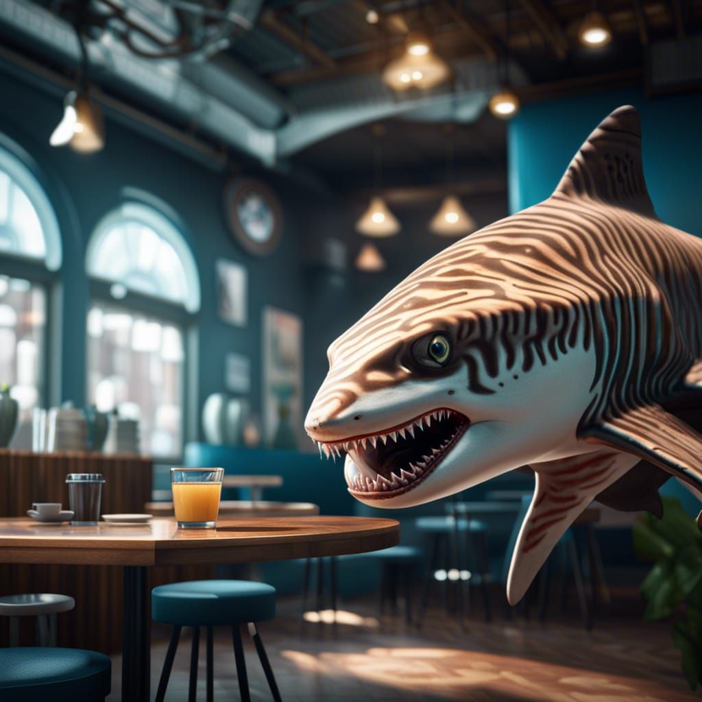 Tiger Shark in Cafe with Octopus: 3D Render