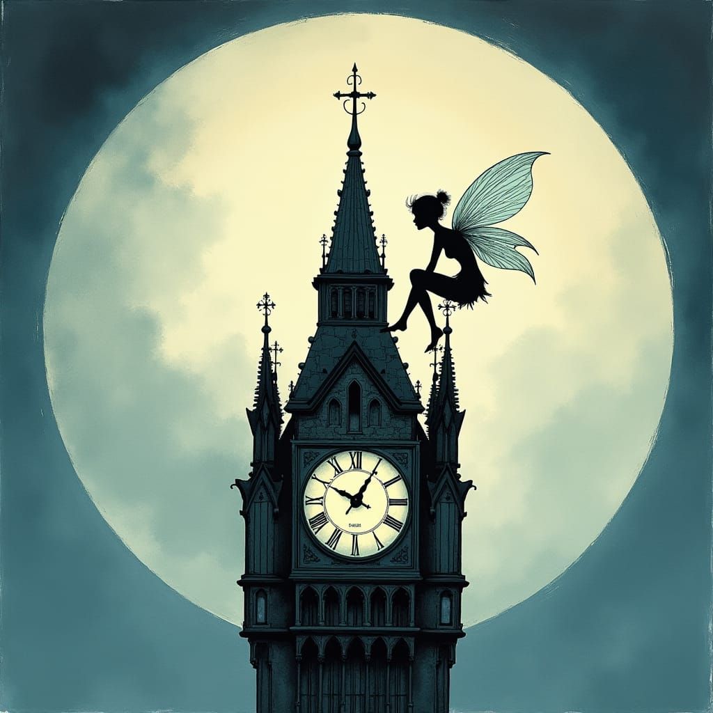 Fairy on Clock Tower in Modern Ink Painting