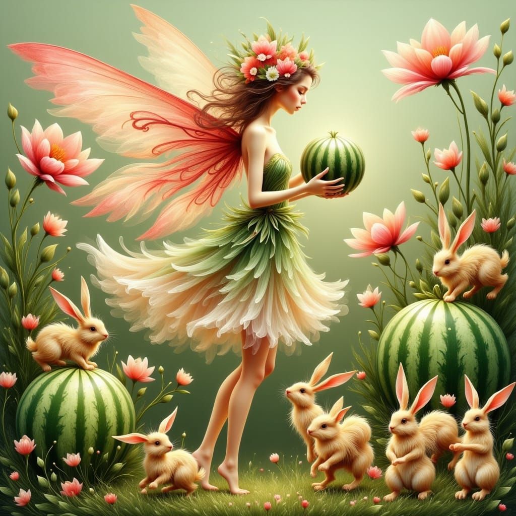 Whimsical Fairy Amidst Watermelon Patch in Vibrant, Ethereal...