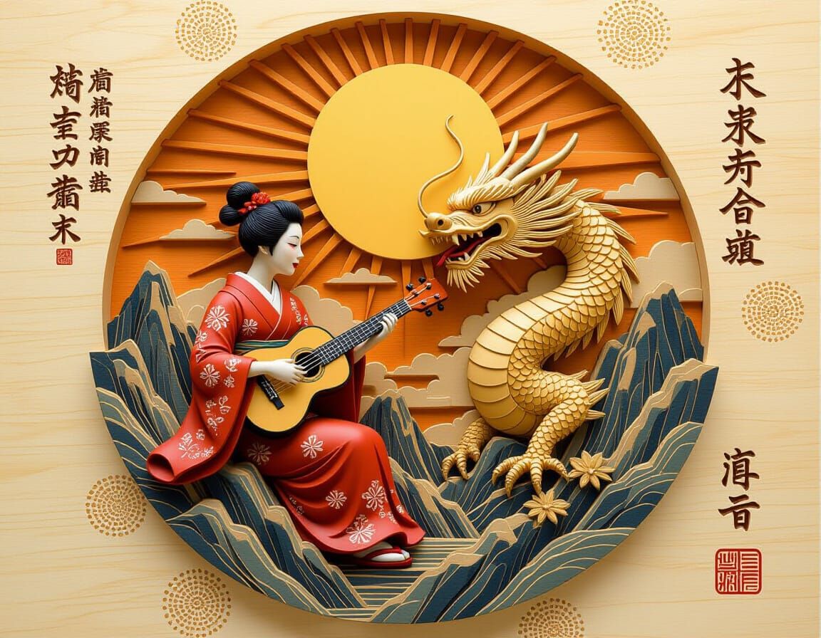 Geopunk Geisha Plays Ukulele for Dragon in 3D Wood Carving