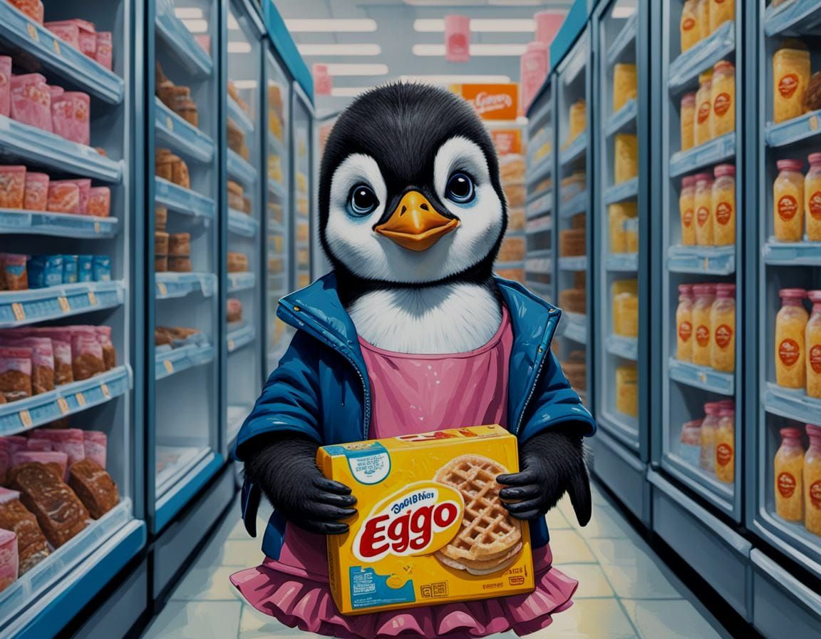 Penguin in Pink Dress Holds Waffles, Sinister Digital Art