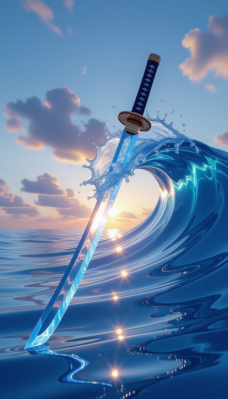 Crystal Water Katana Sword Floating in Calm Sea