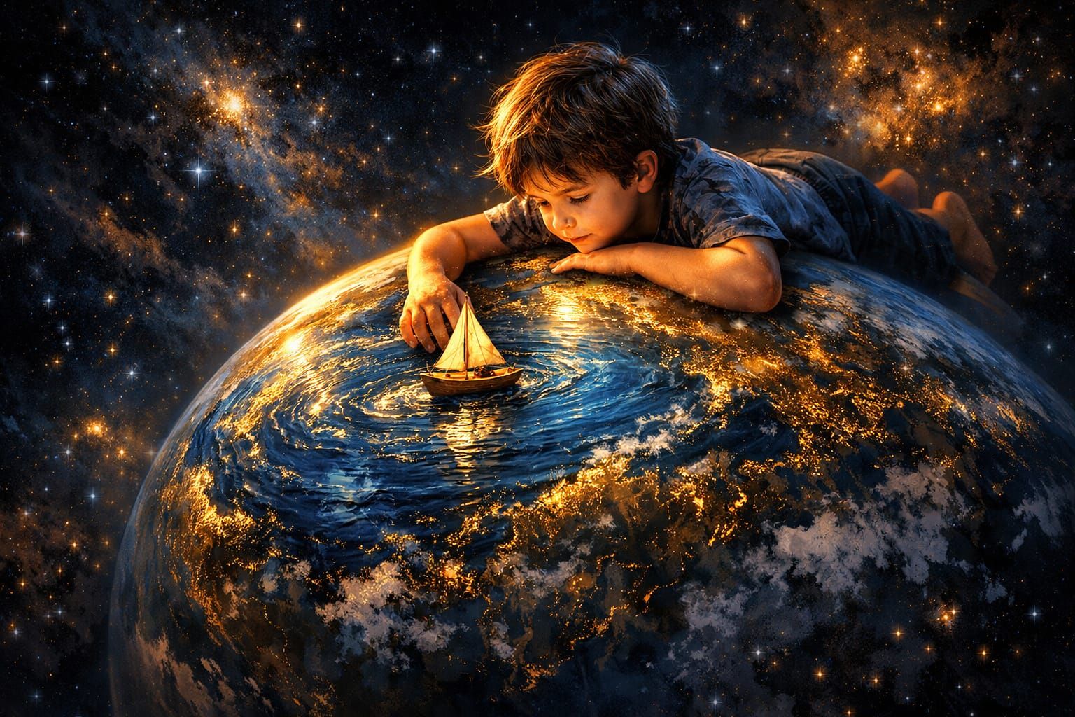 Boy Floats Toy Boat on Globe in Deep Space