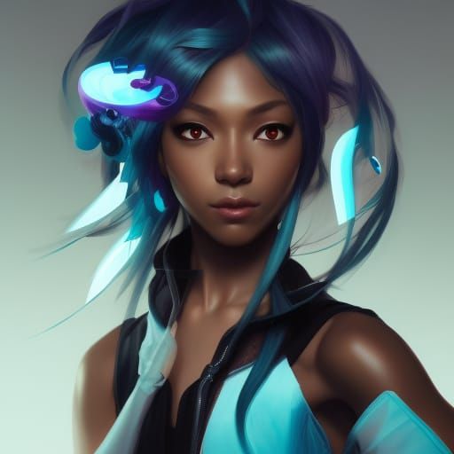 Black Hatsune Miku Portrait in Hyperdetailed Digital Art