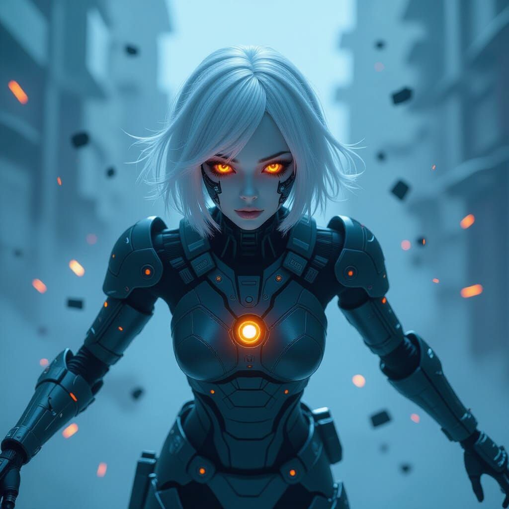 Cyberpunk Doll Leaps Through Neon Shards