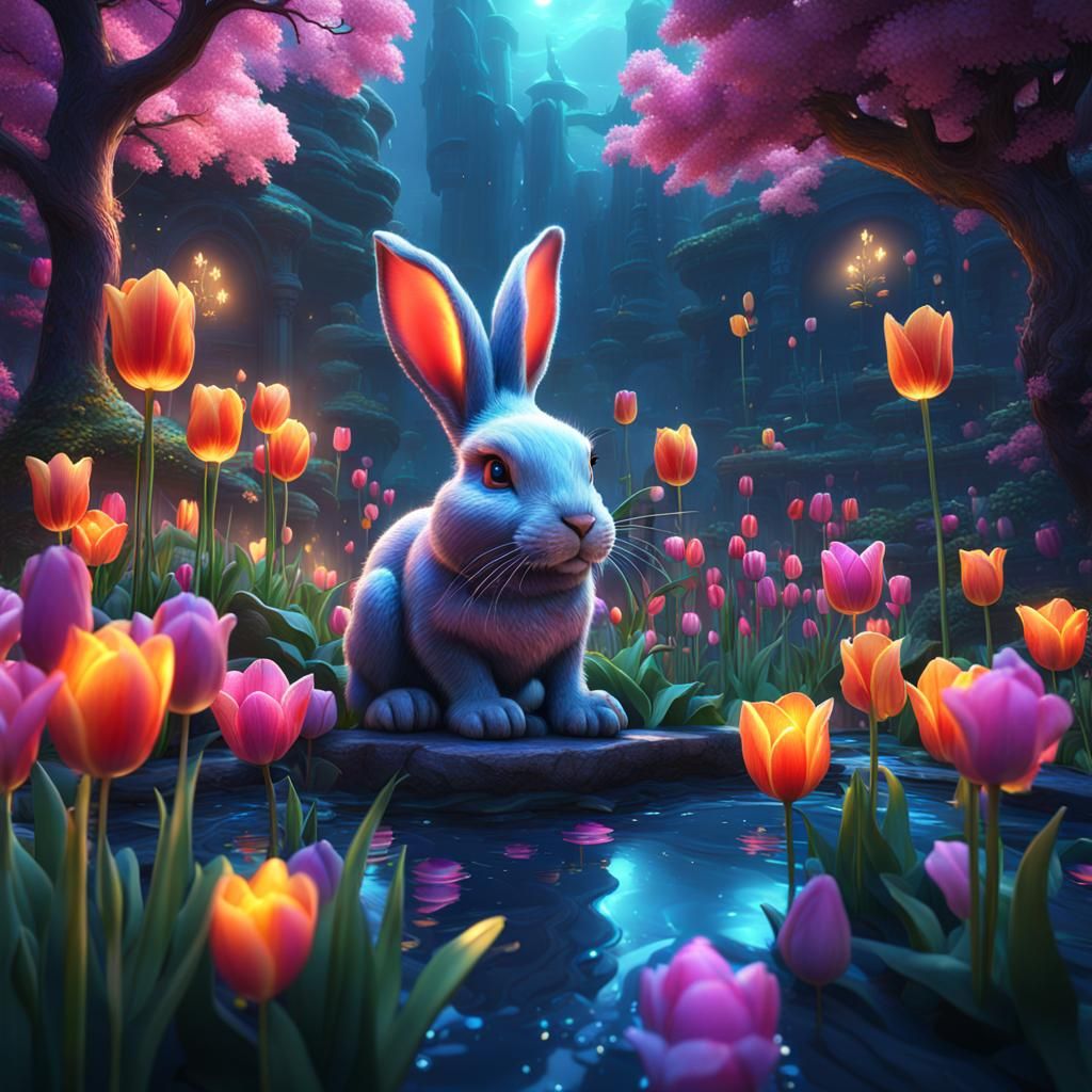Luminous Galaxy Bunny in a Tulip Water Garden