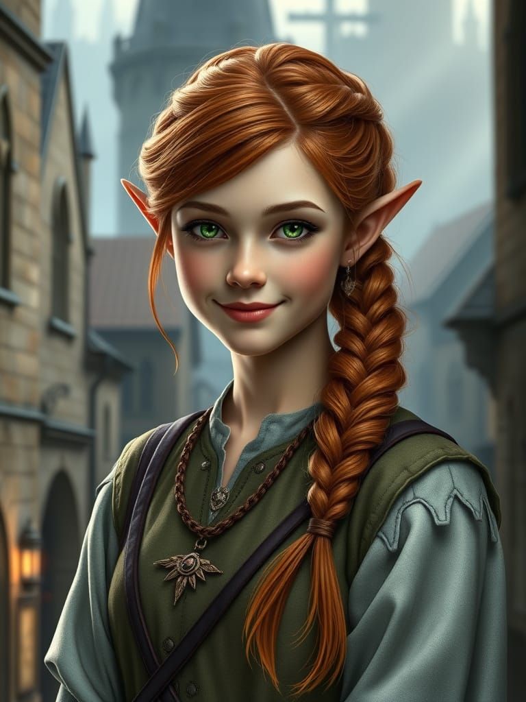 Mystical Half-Elf Bard in Medieval Fantasy City