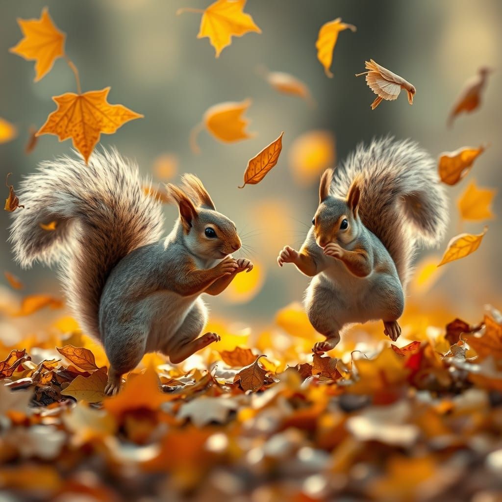 Squirrels Chase Through Golden Autumn Leaves