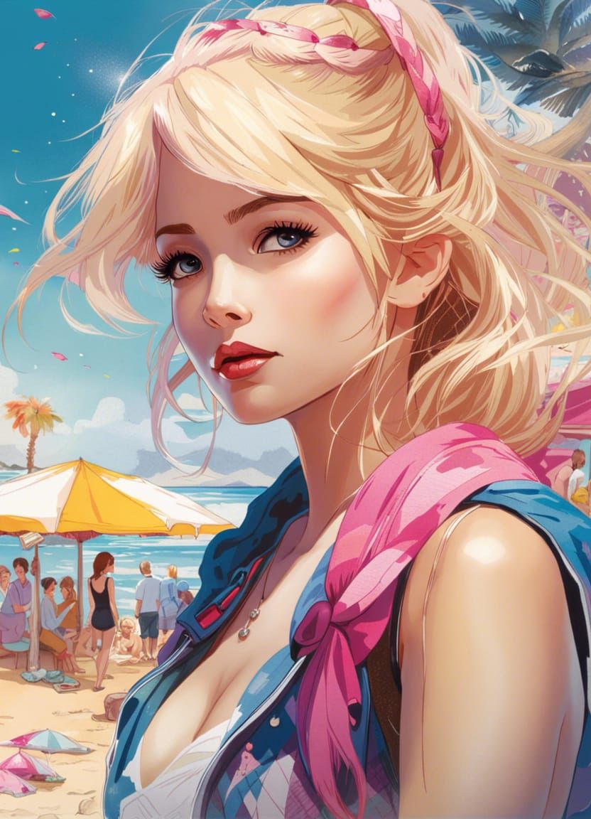 Barbie at the Beach in Watercolor Manga Style
