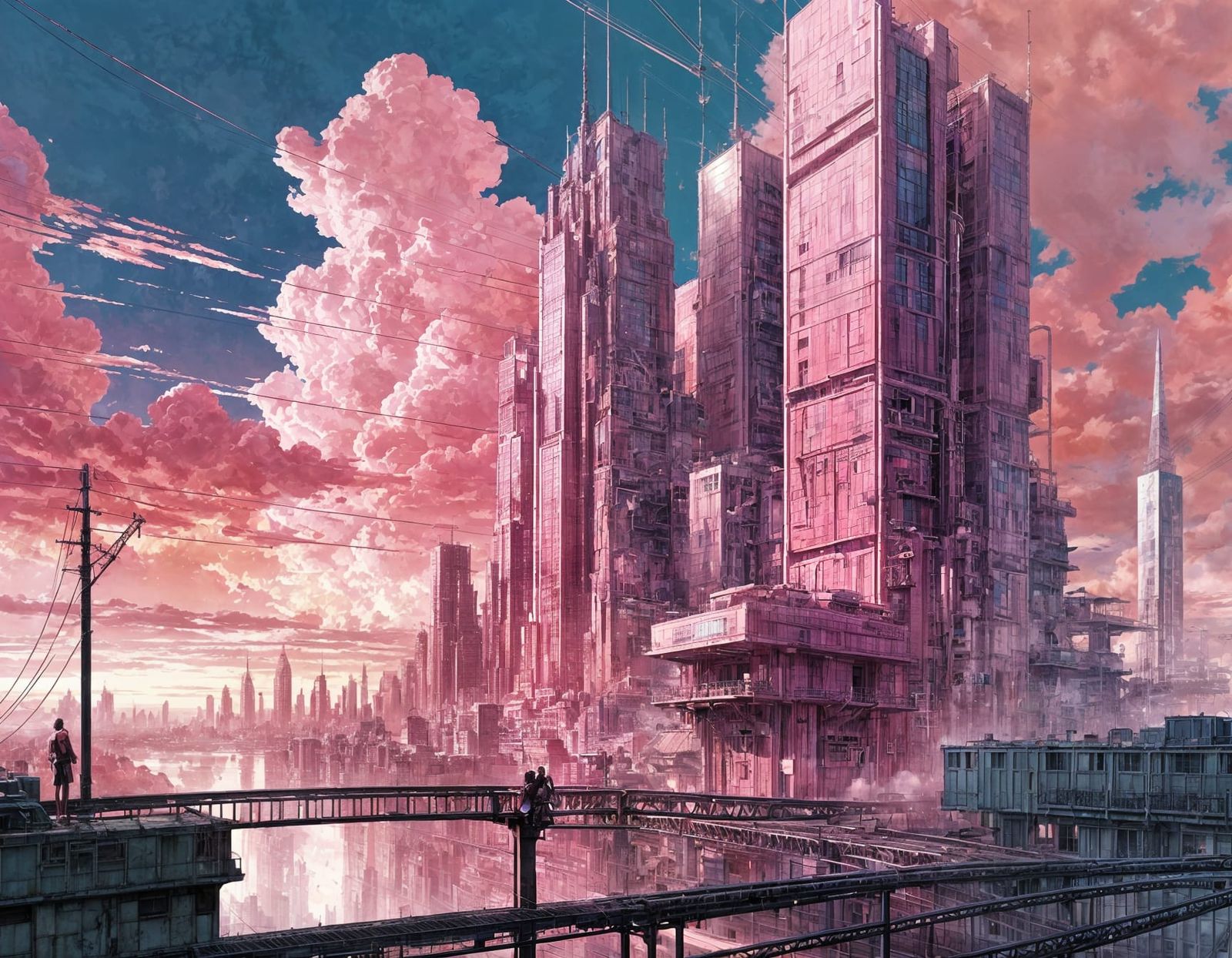 Enchanted Pink Metropolis in Manga Style
