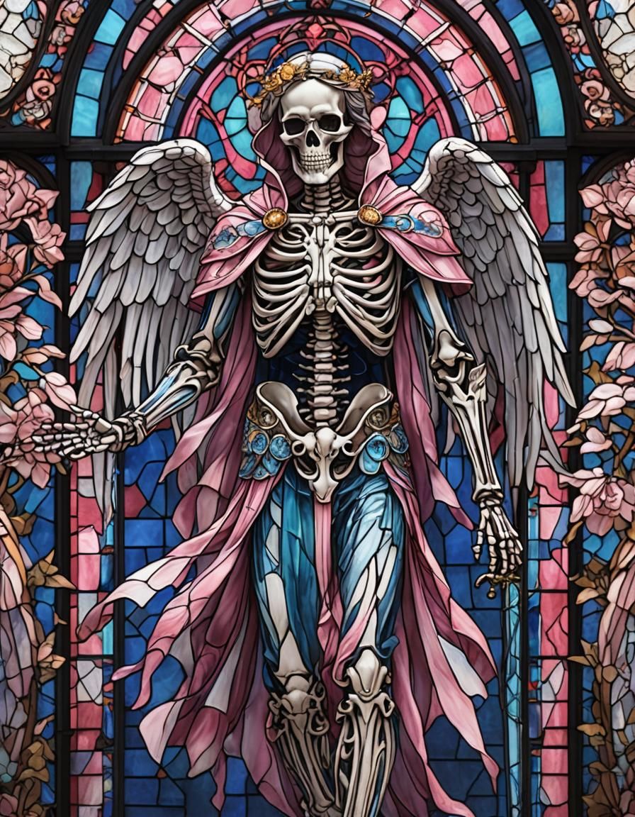 Stained Glass Angel Skeleton in Pink, White, and Blue