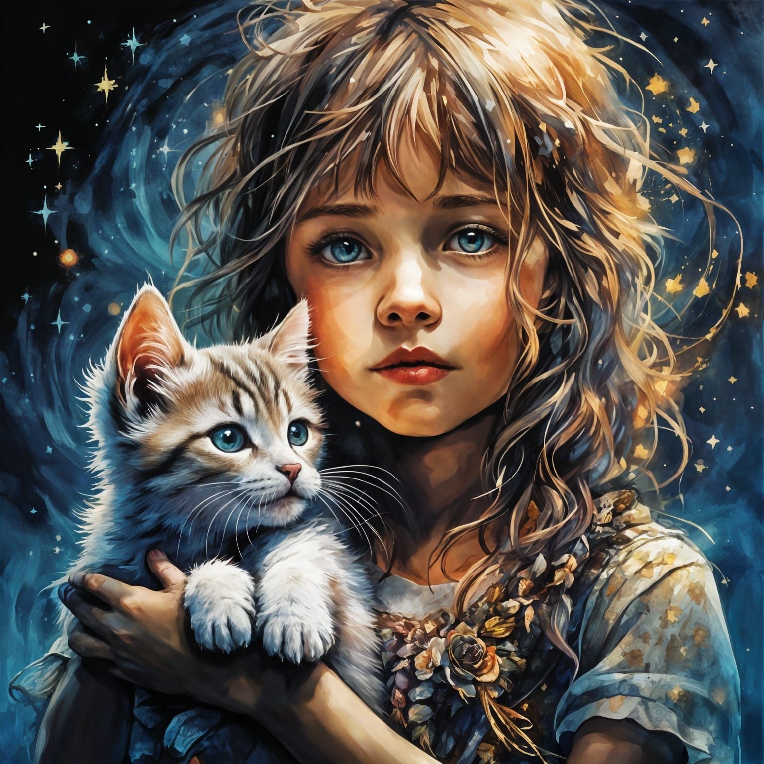 Child and Kitten Under a Starry Moonlit Sky