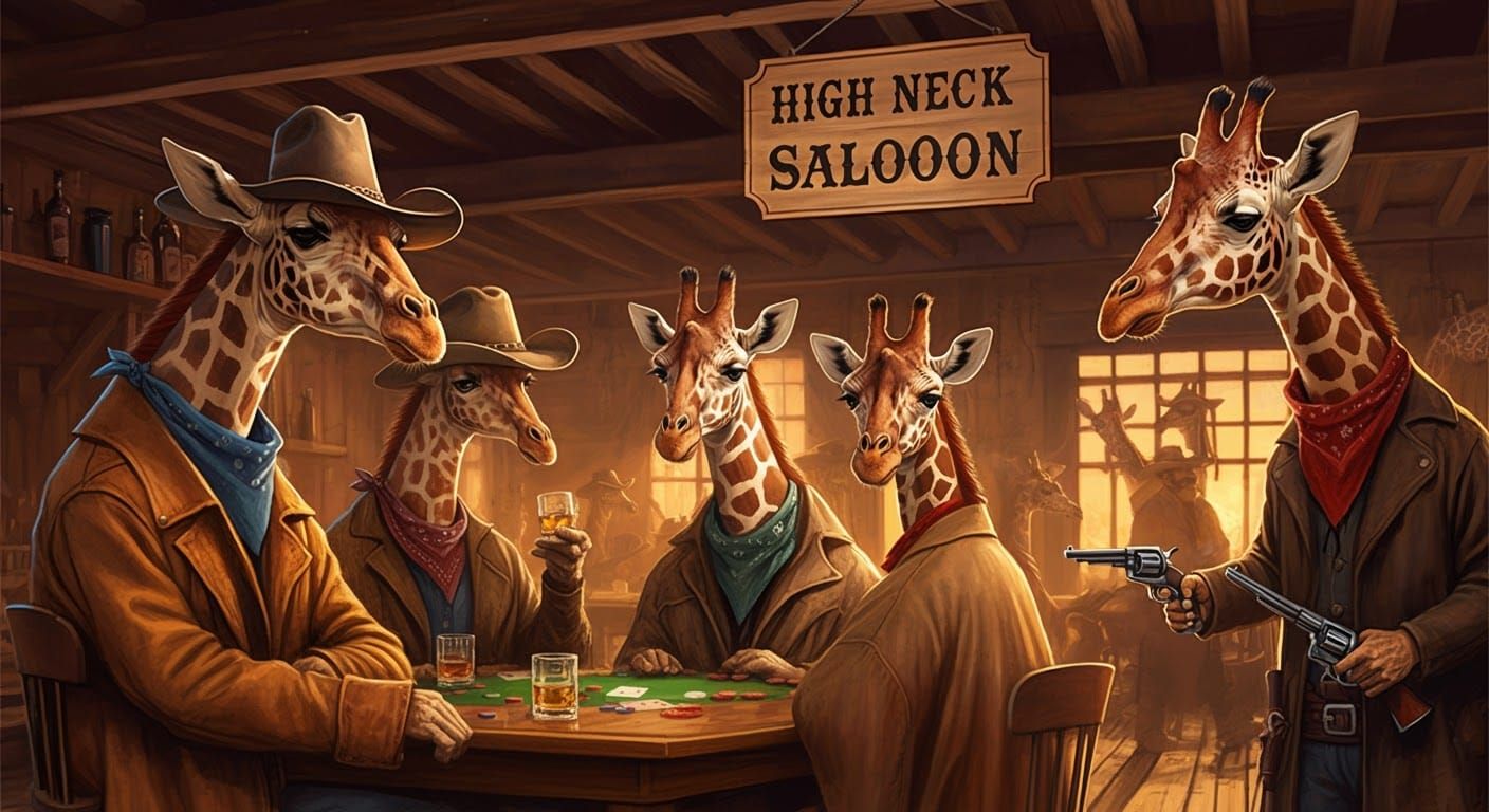 Cowboy Giraffes Gather at High Neck Saloon