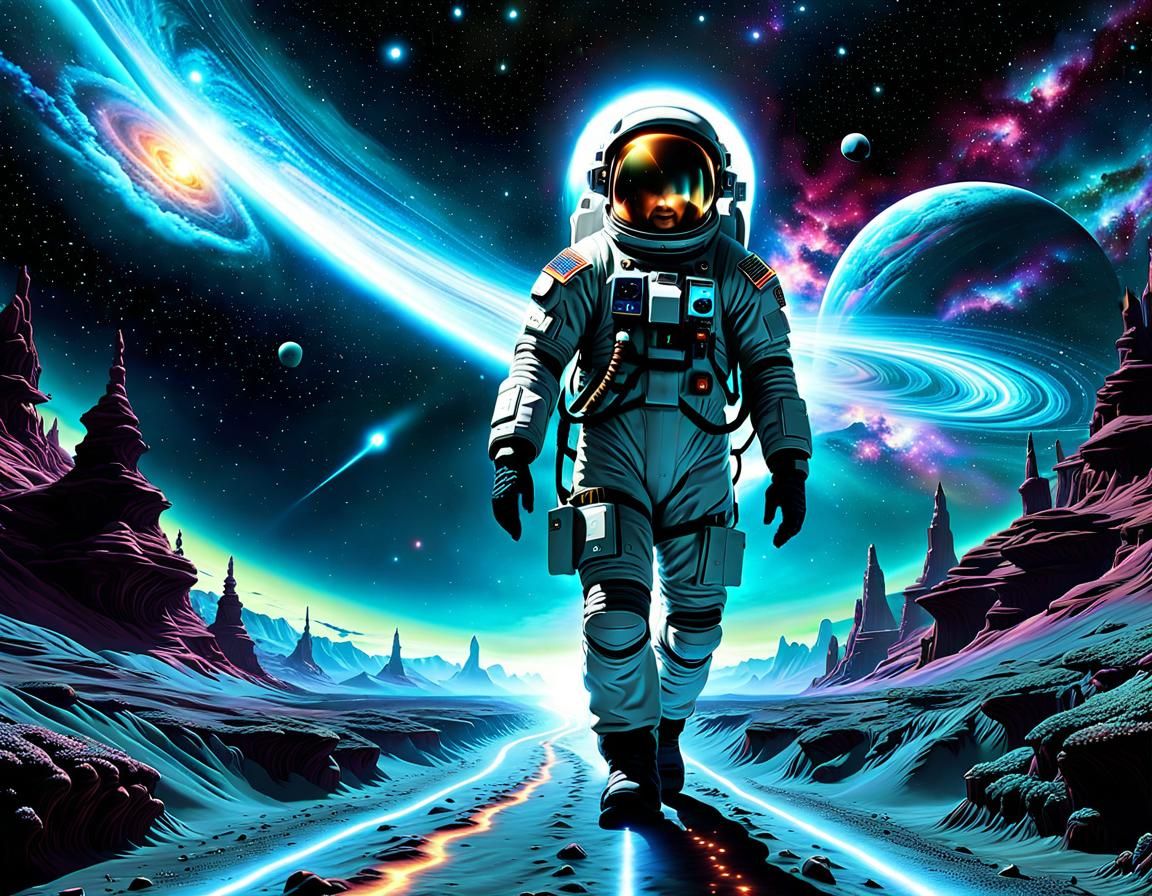 Astronaut Floats on Bioluminescent Path in Alien World