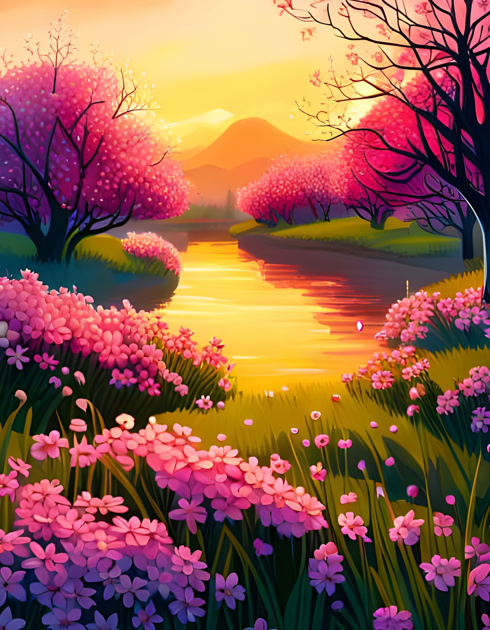 Spring Blossoms at Sunrise: A Digital Painting