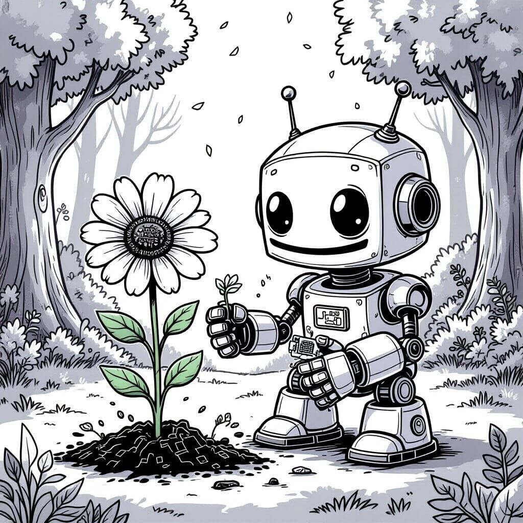 Whimsical Forest Coloring Page with Mischievous Robot