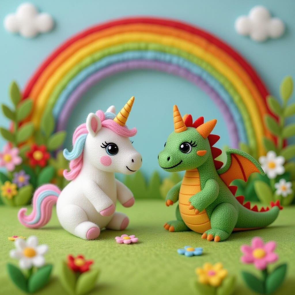 Baby Unicorn and Dragon Playing in Garden, Felted Style