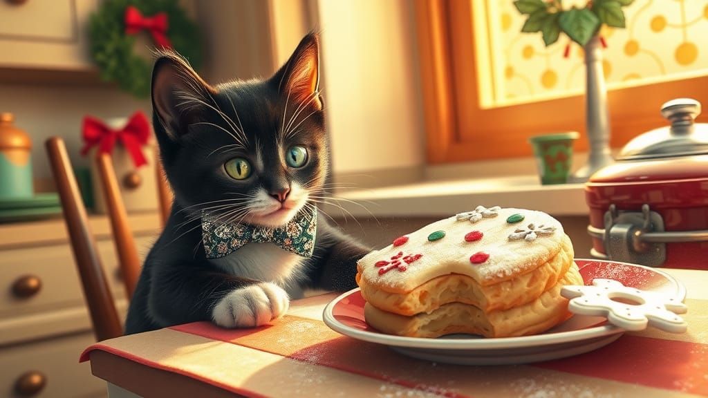 Festive Kitten Steals Christmas Cookie, Illustrative Style