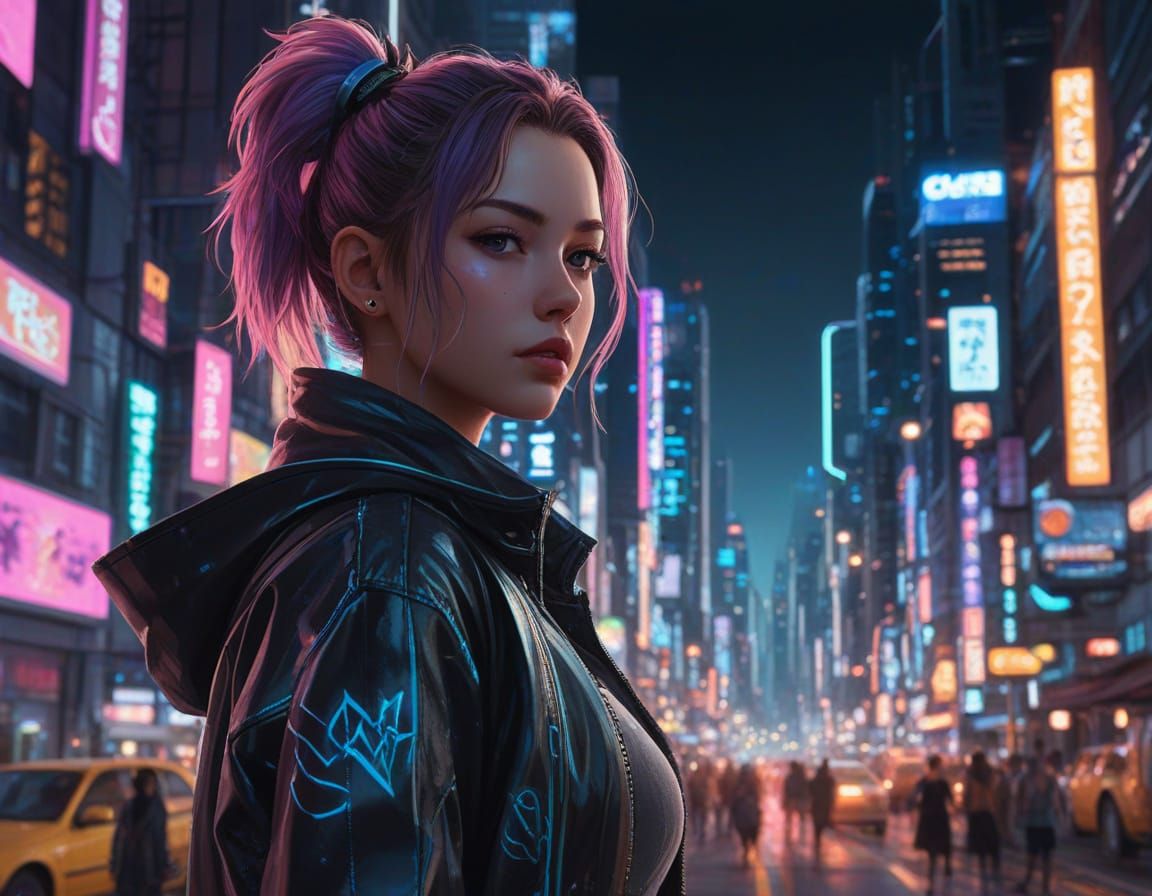 Cyberpunk Feline Goddess Shines in Neon City