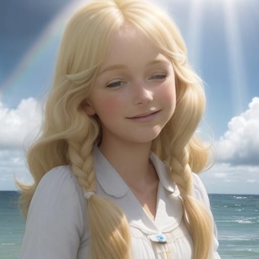 Child Plays in Sea Under Rainbow: Photorealistic