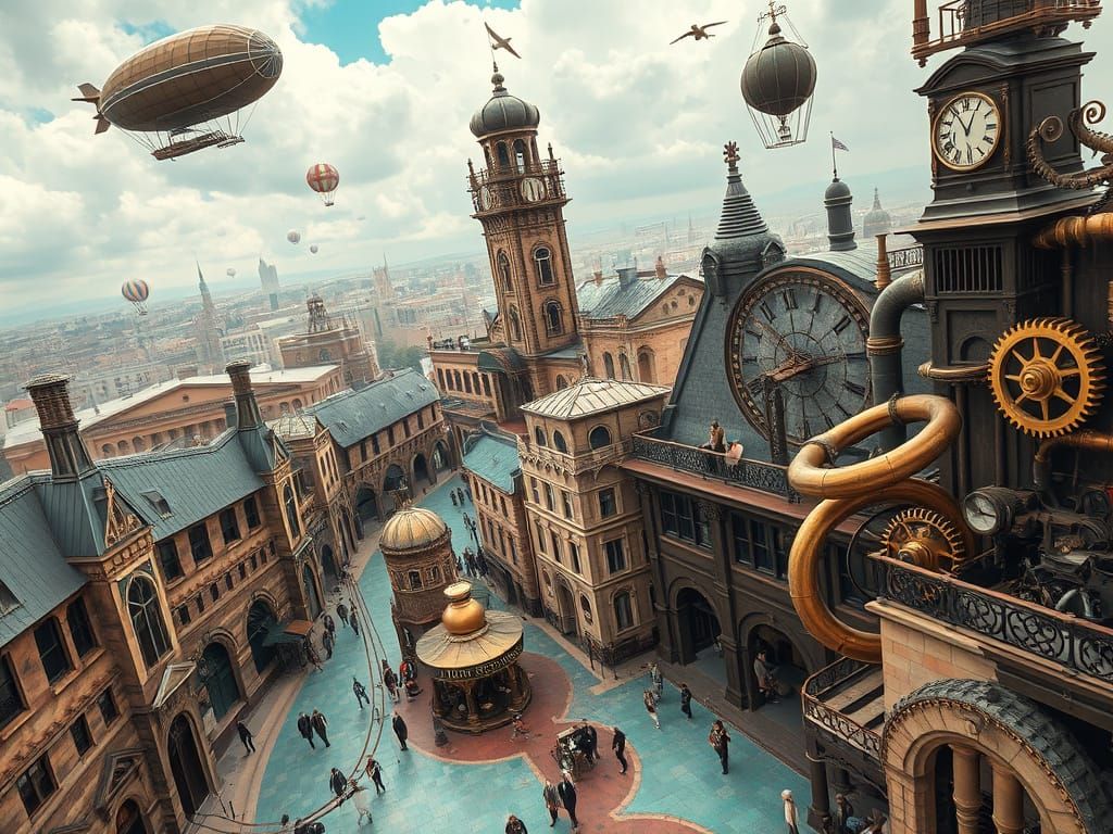 Dreamlike Steampunk City with Airships and Automatons