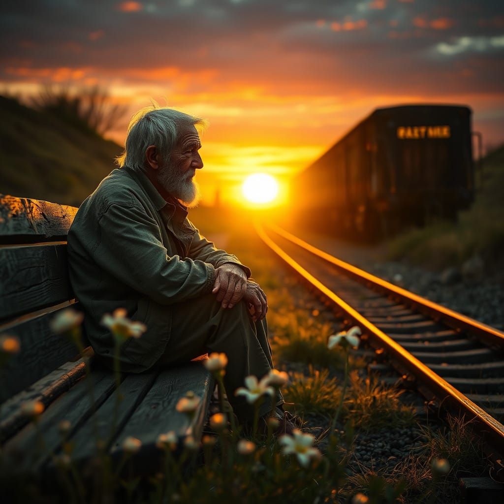 Elderly Man Contemplates Sunset Along Abandoned Train Track