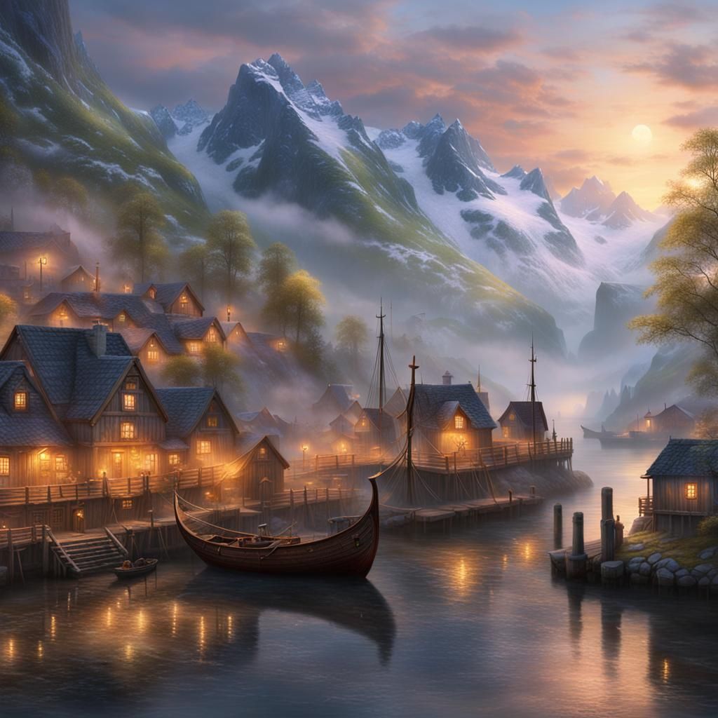 Viking Village in Norwegian Fjord at Dawn