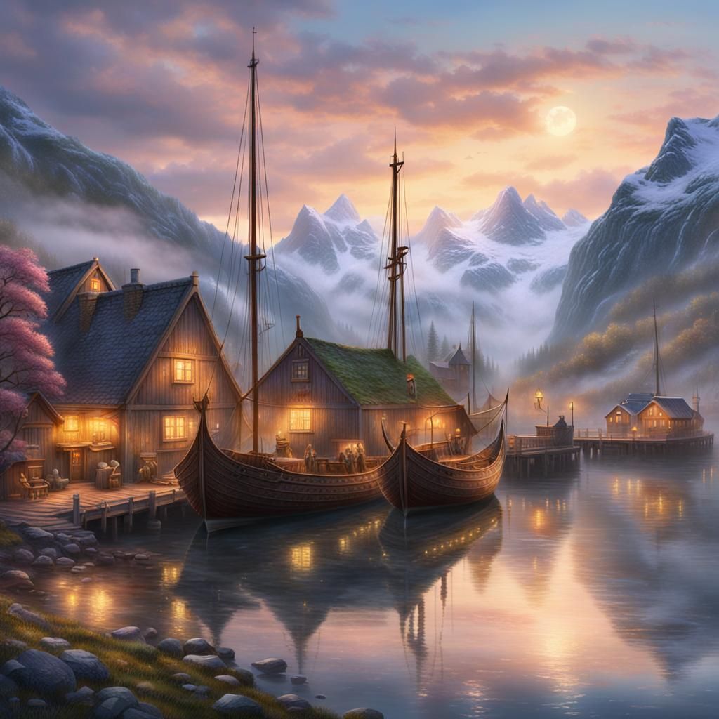 Viking Village in Norwegian Fjord at Dawn