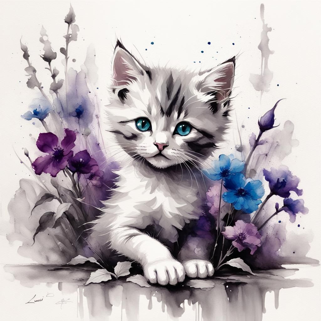 Grayscale Kitten in Floral Sumi-e Style