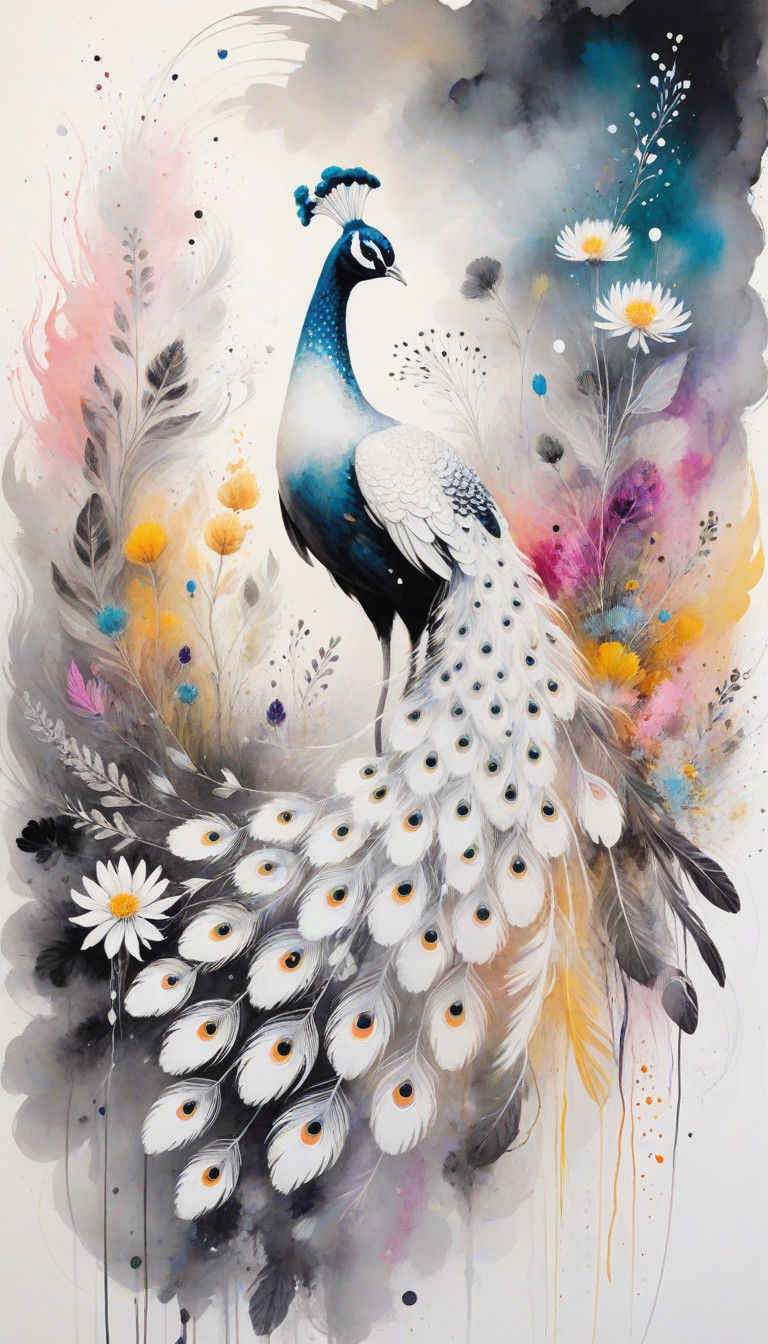 Dreamy Summer Peacock in Soot Painting Style
