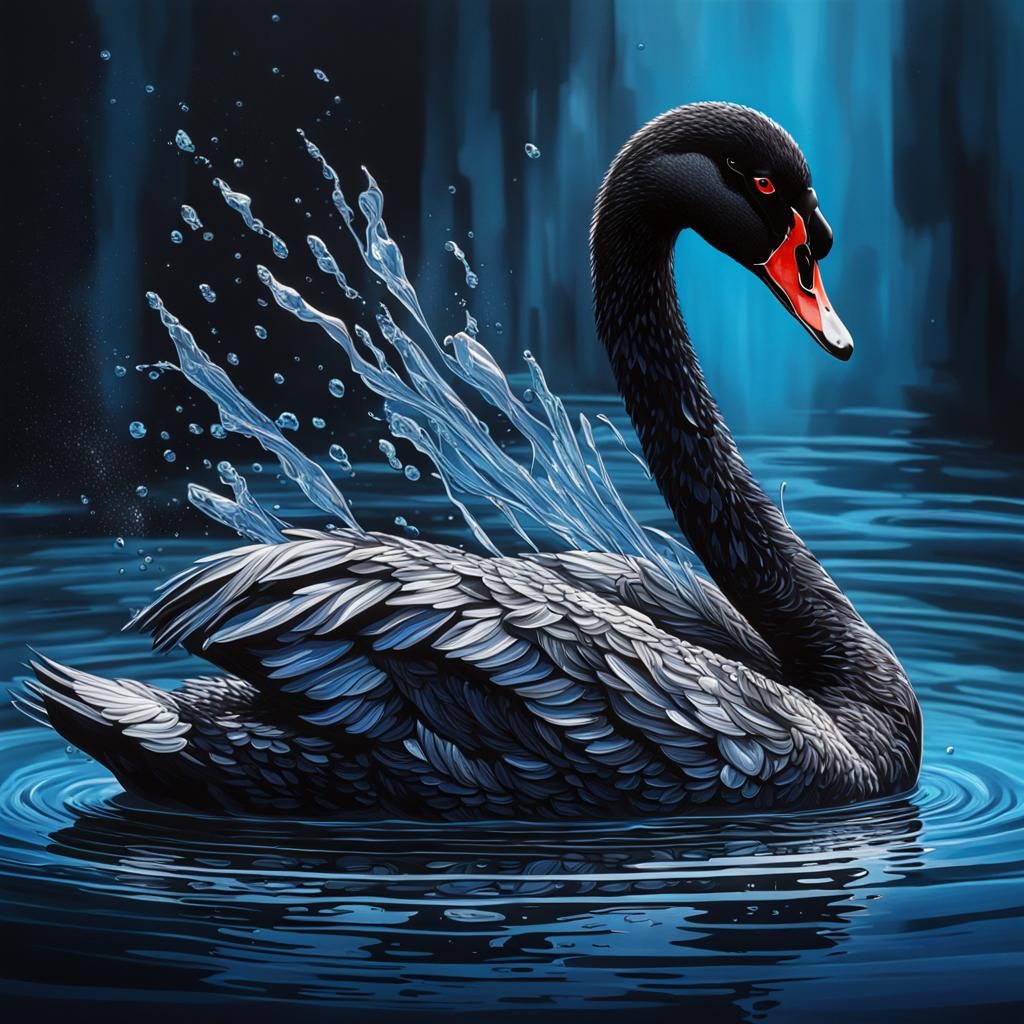 Black Swan in Blue Water: Hyperrealistic Splash Art