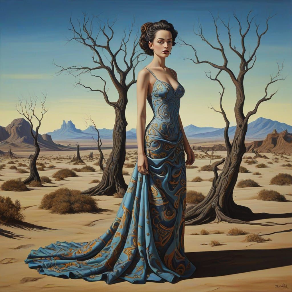 Surreal Woman Stands in Eerie Desert Landscape, Inspired by...