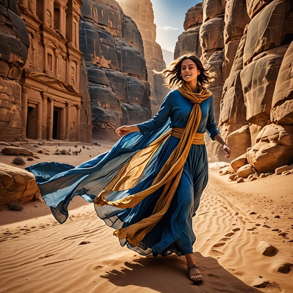 Woman in Blue Dress Running in Petra: Digital Art